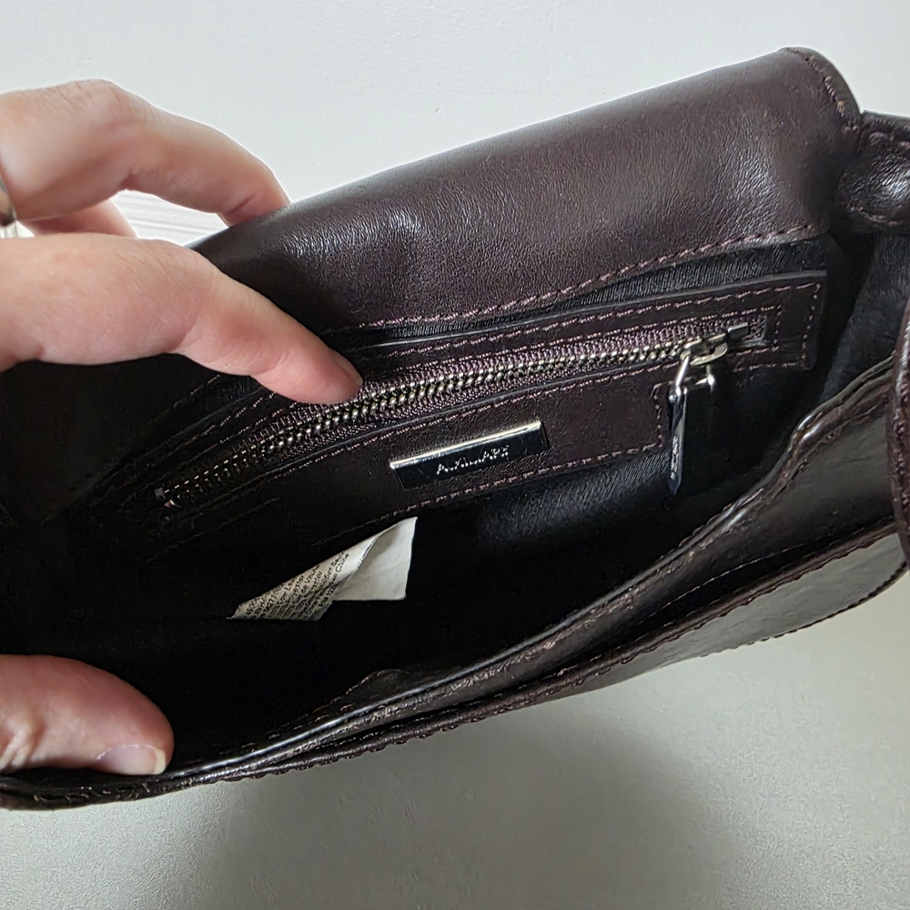 Minimal Dark Brown Leather Crossbody Saddle Bag - Pockets, Adjustable - Picture 9 of 14